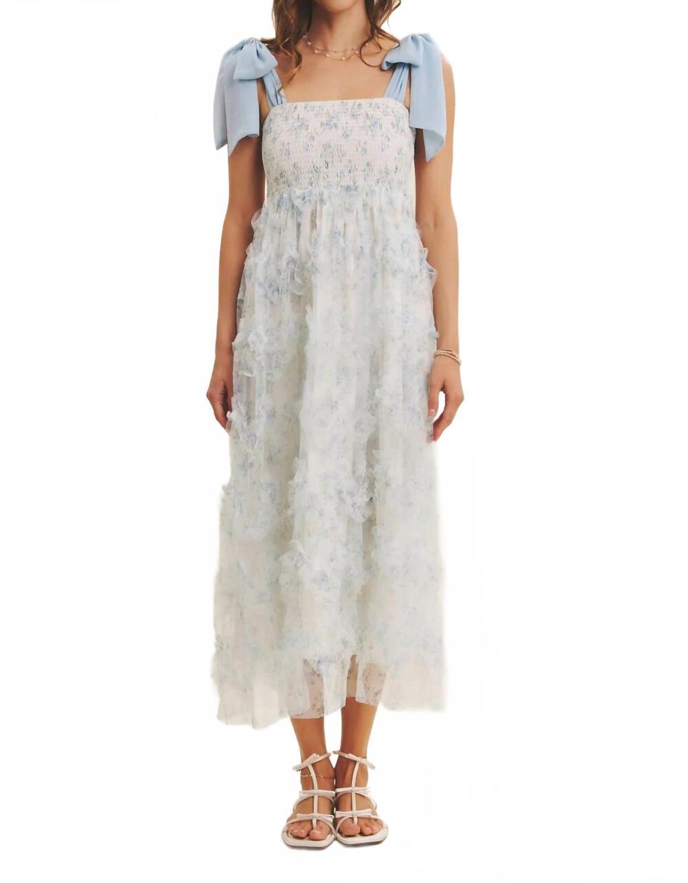 NEW IN FEBRUARY textured floral smocked midi dress in blue